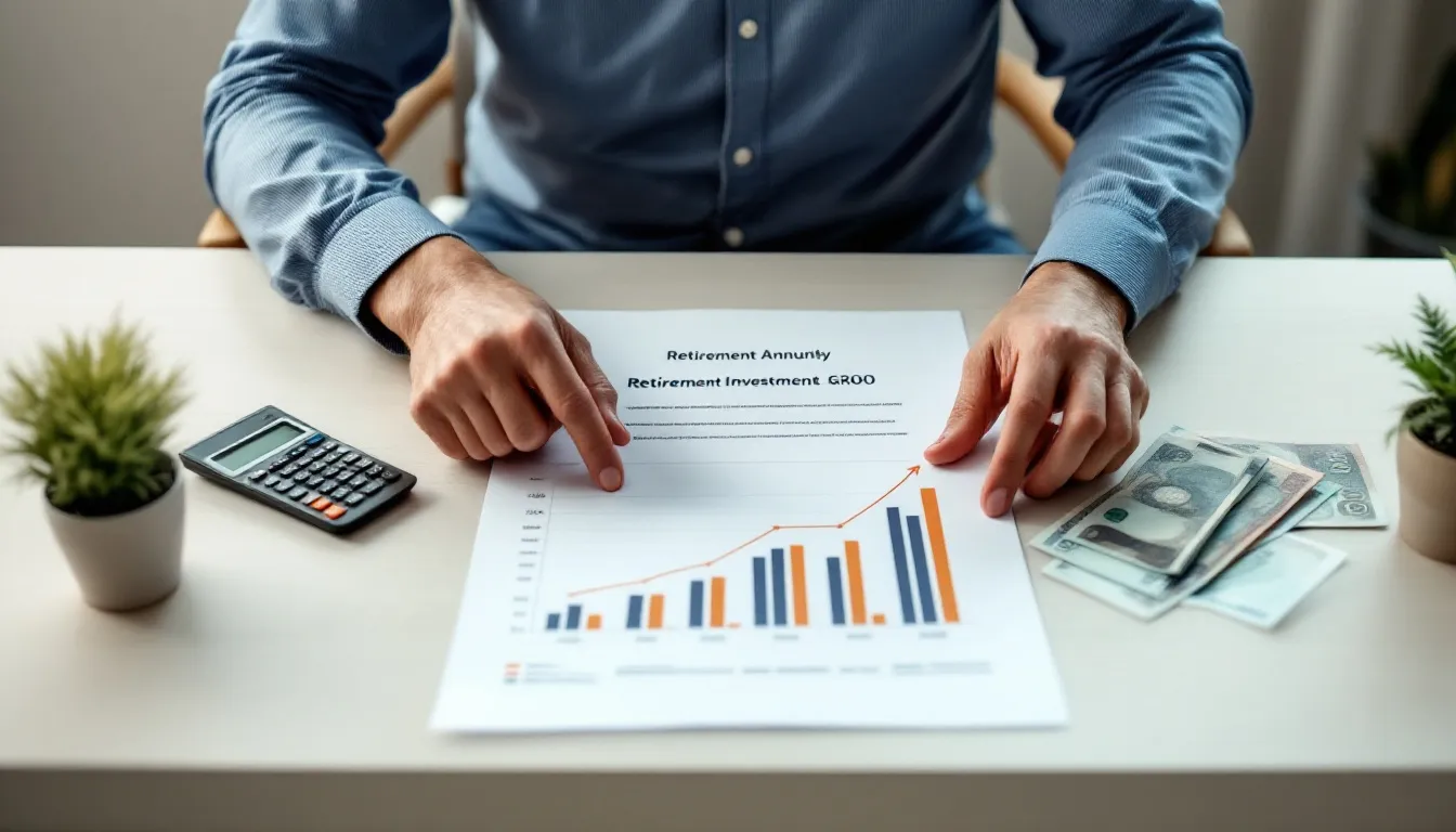 South African professional reviewing 10x retirement annuity documents at a desk with a compound growth chart and rand currency visible