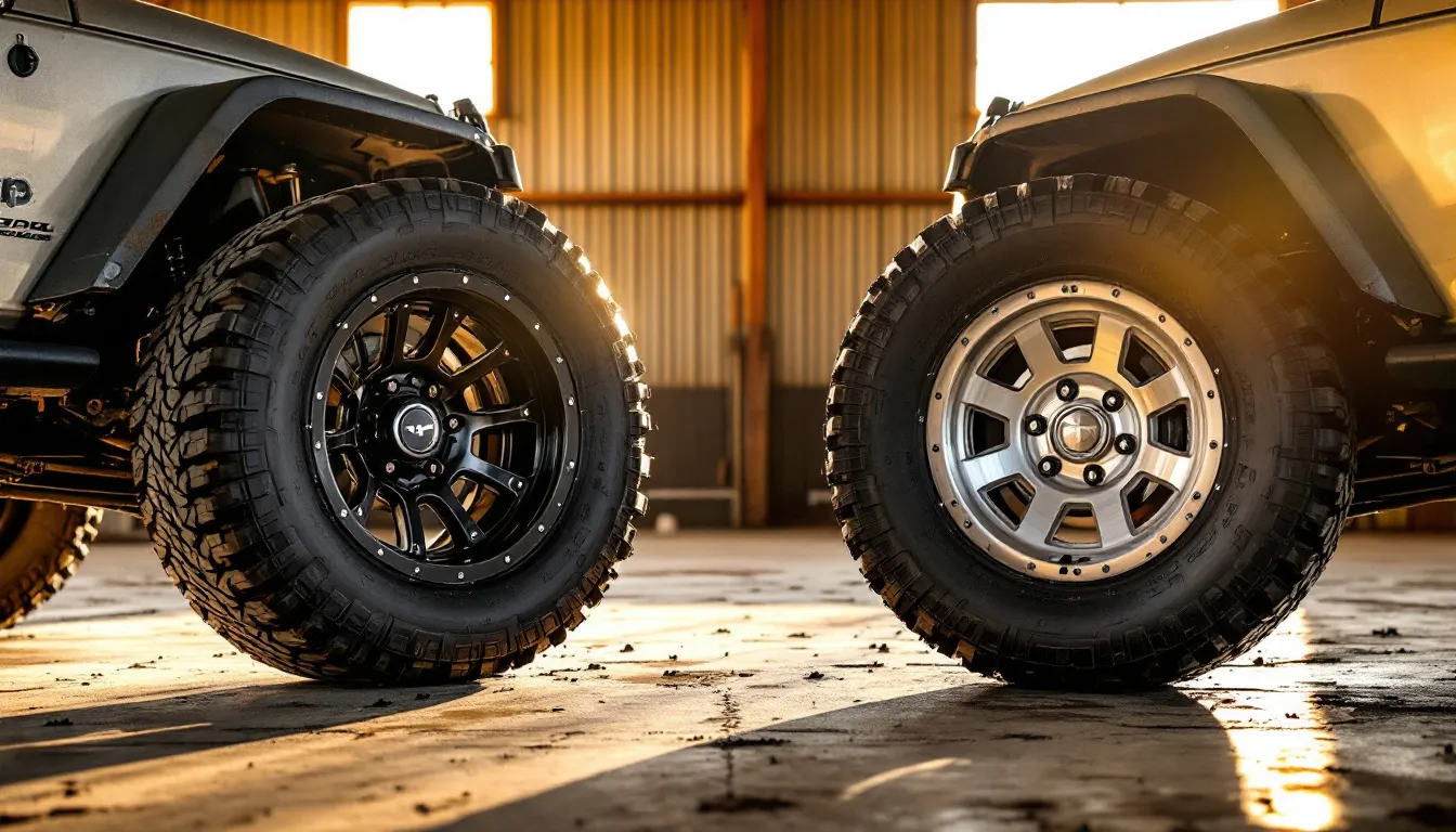 17-inch vs 18-inch wheels side by side on a Jeep JK Wrangler axle hub in a desert garage, comparing wheel sizes for fuel economy