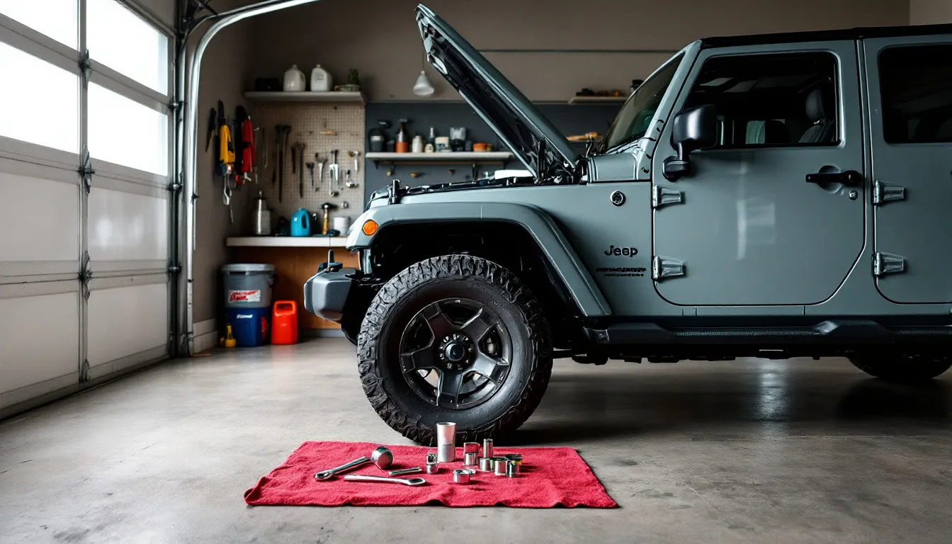 2018 Jeep Wrangler JK with hood open in garage surrounded by maintenance tools including torque wrench and oil filter wrench on a red shop towel