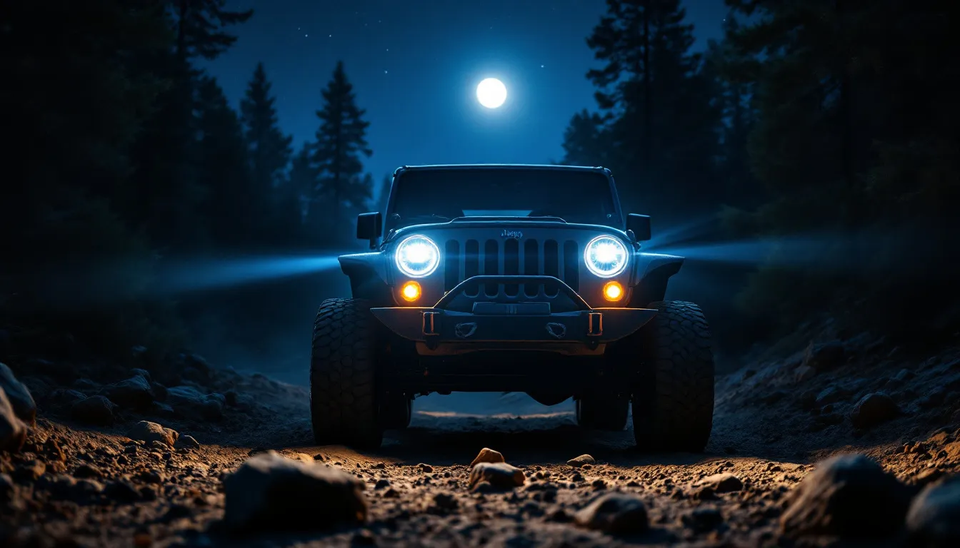 2007-2018 Jeep Wrangler JK on a dark off-road trail at night with bright white LED headlights illuminating the path ahead