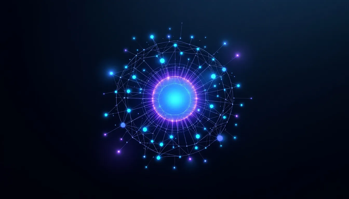 Abstract glowing teal network of connected nodes on a dark background representing AI automation content flowing without human intervention