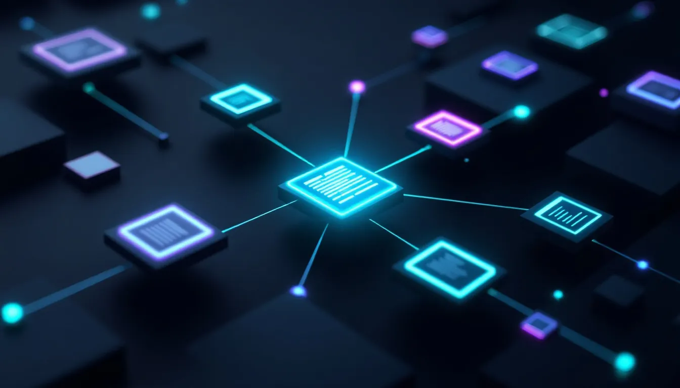 Abstract geometric network of glowing teal nodes and linked document fragments representing AI citation generation and structured content relationships