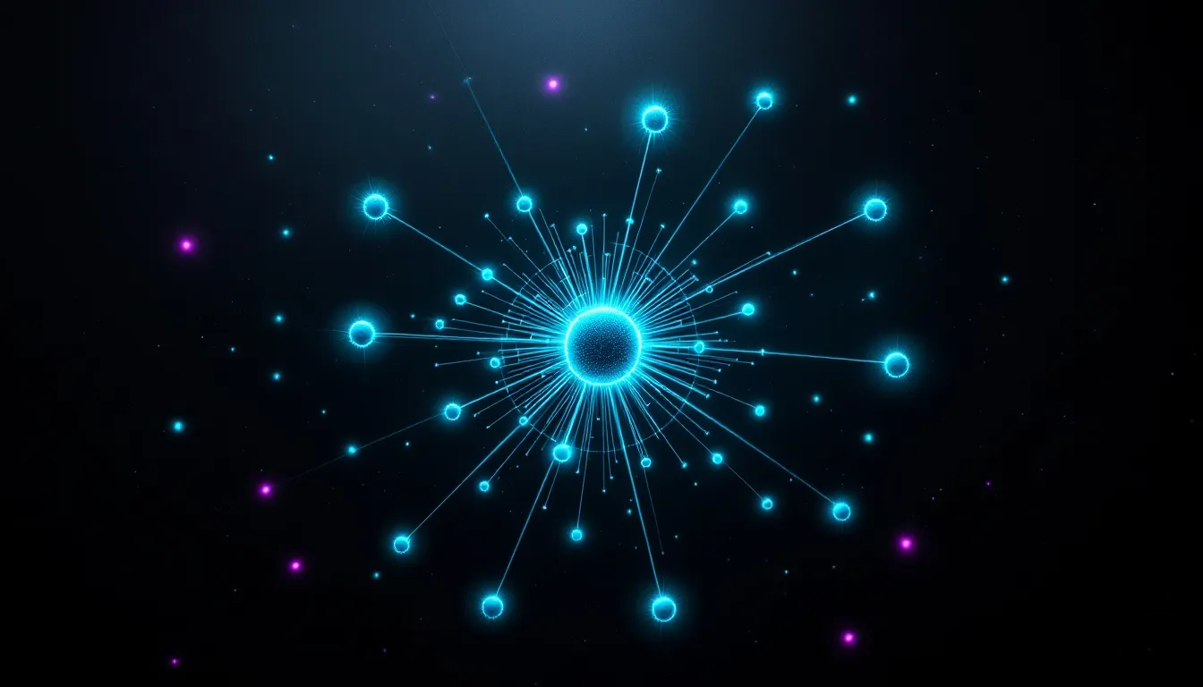 Abstract glowing network of interconnected AI tool nodes radiating outward from a central teal core on a dark background, representing a solo founder's integrated AI stack