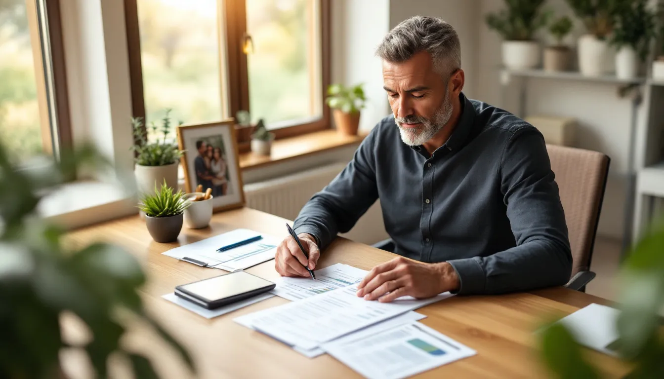 South African professional reviewing a printed provident fund statement at a desk in a warm home office