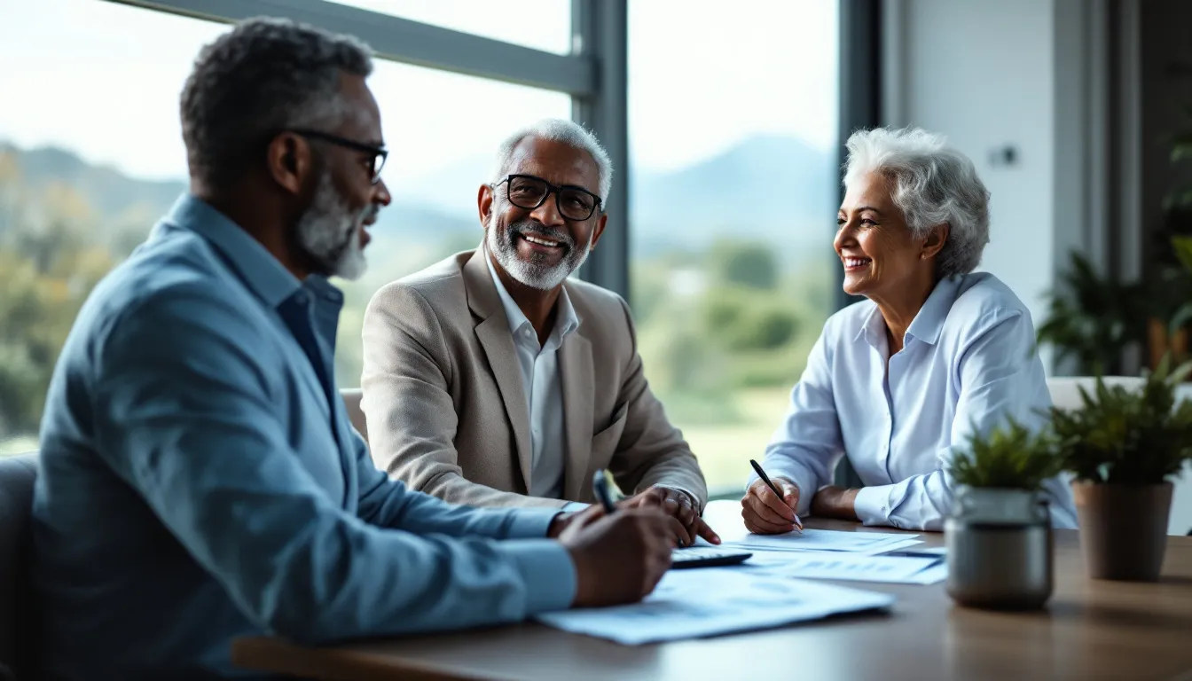 A financial advisor reviewing Alexander Forbes retirement annuity statements with a South African couple at a desk in a professional office setting
