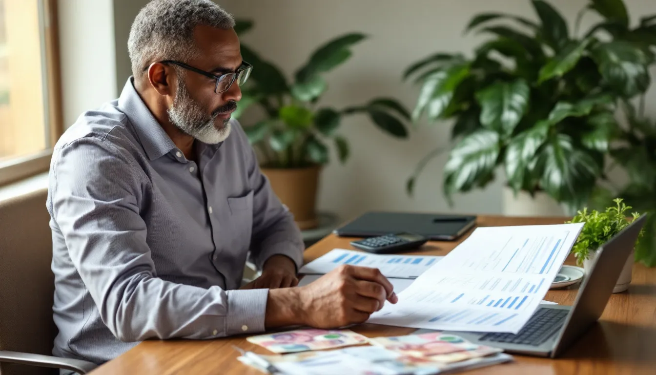 South African professional reviewing retirement annuity documents and financial statements at a desk with a calculator and rand notes