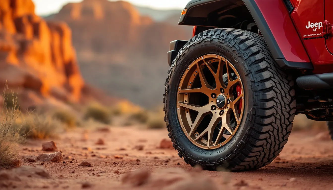 Bronze aluminum wheel with multi-spoke design mounted on lifted red Jeep JK Wrangler in desert terrain showing offset and spoke detail