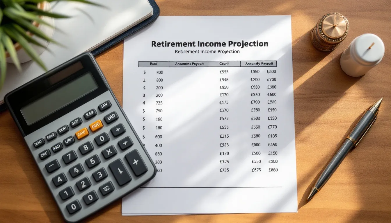 Financial calculator and printed South African rand annuity projection sheet on a wooden desk, used to estimate retirement income