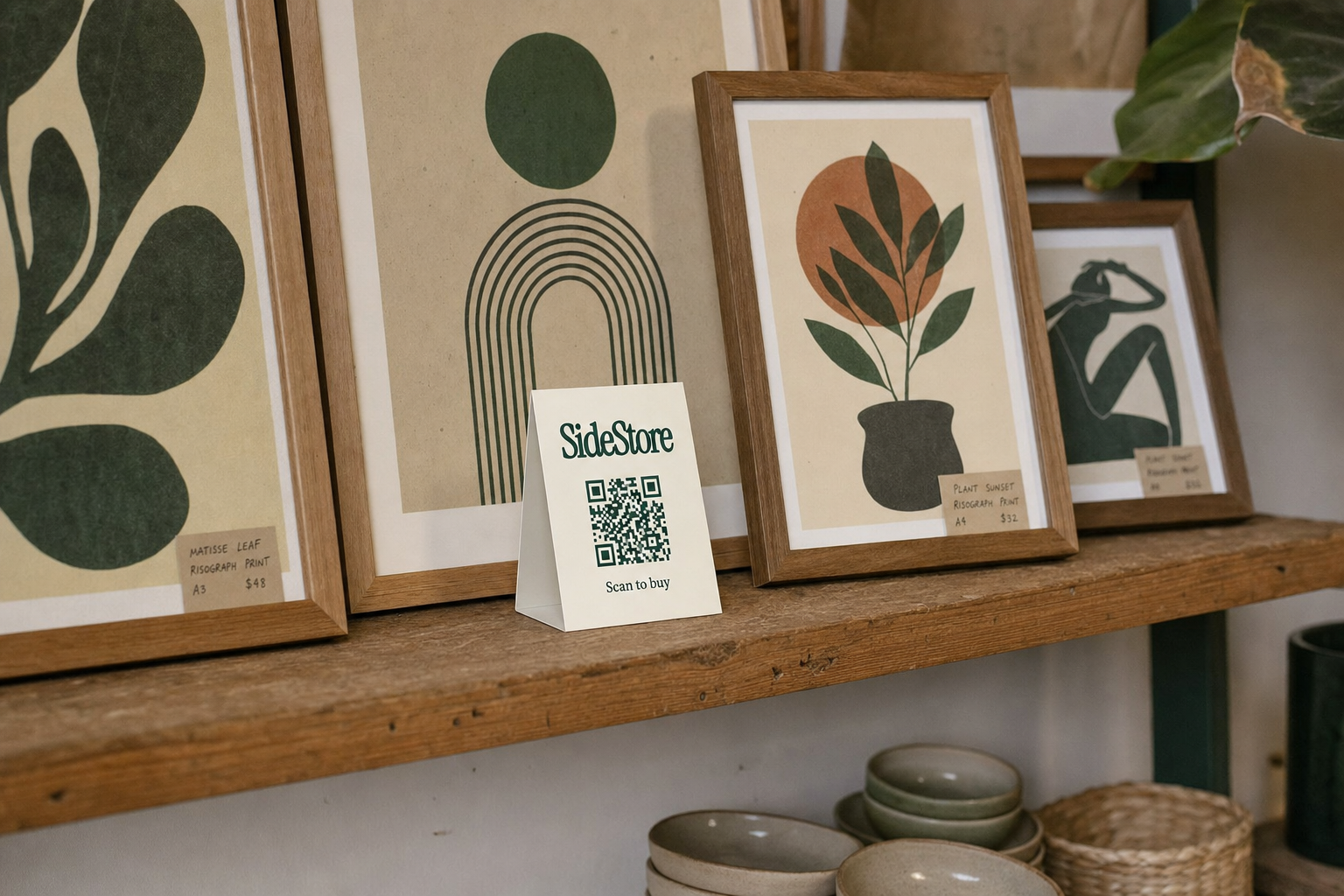 Framed art prints displayed on a wooden boutique shelf with an ivory SideStore tent card standing upright in front of them, showing a navy green QR code and the words Scan to buy, in warm natural light.