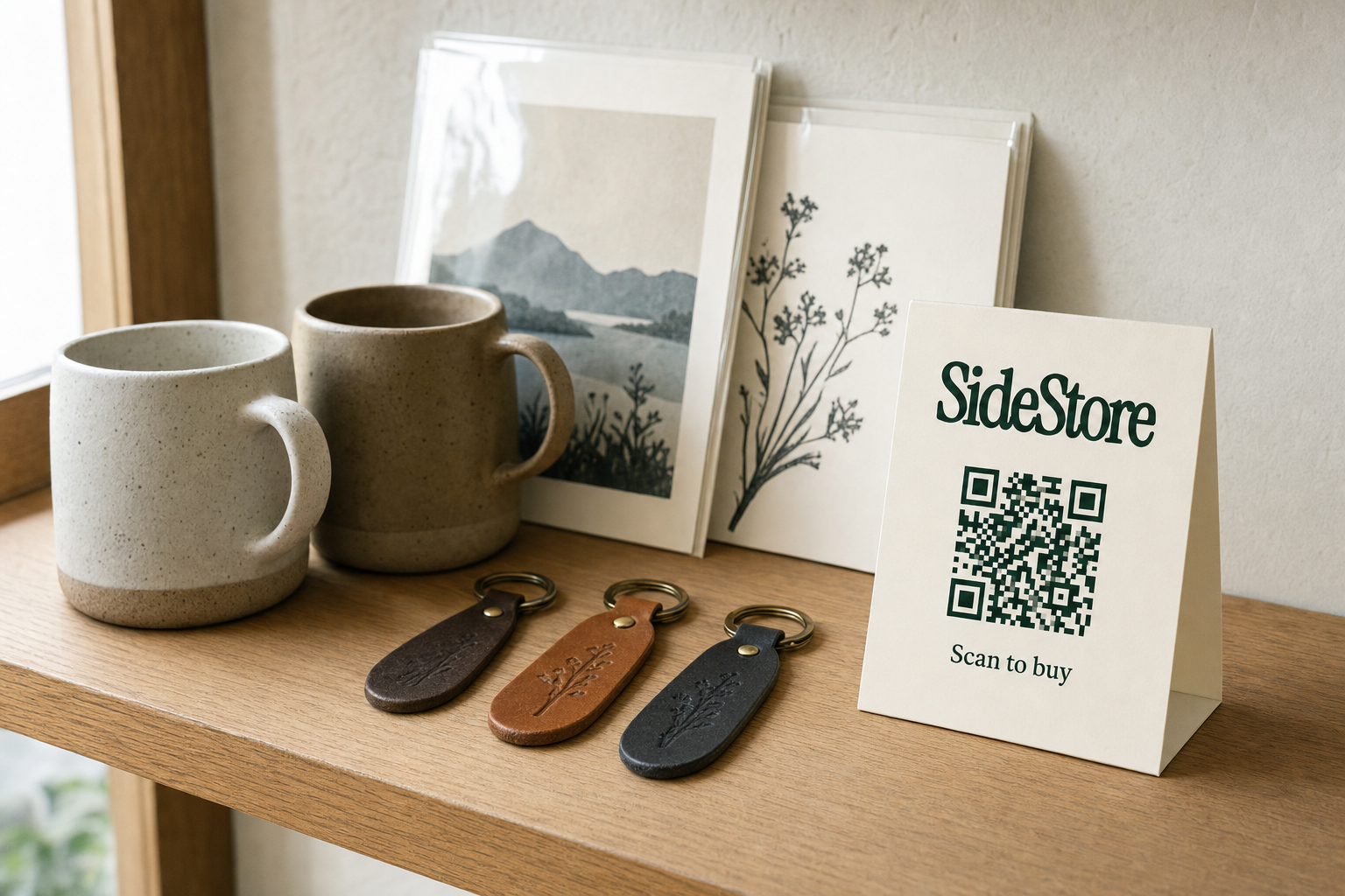 Artisan souvenir products including ceramic mugs, small prints, and handmade keyrings arranged on a boutique wooden shelf beside a folded ivory SideStore tent card with a navy green QR code, photographed in natural daylight.