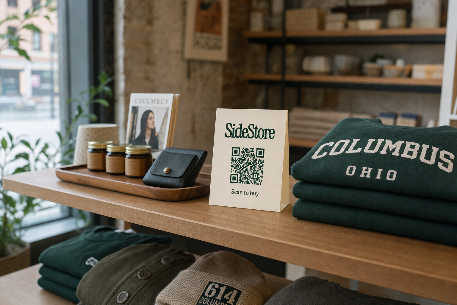 Interior of a Columbus Ohio auto boutique with minimal shelving, locally made apparel and accessories neatly displayed, and a folded SideStore tent card standing on a shelf showing a navy green QR code and Scan to buy text