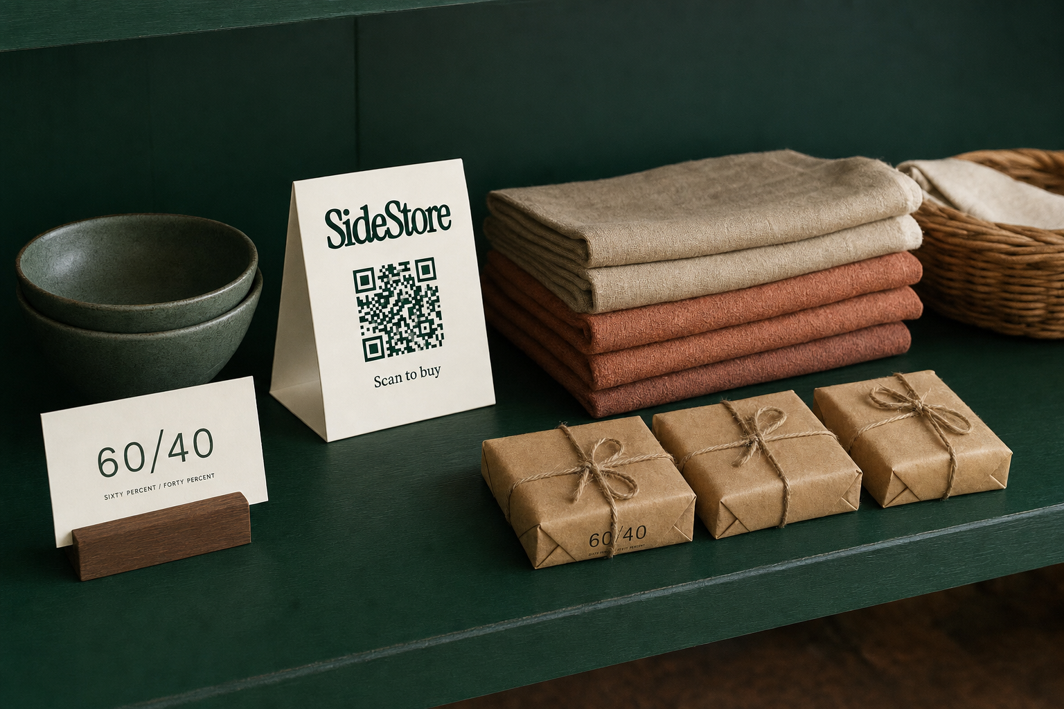 Overhead flat-lay of handmade ceramics, folded textiles and packaged goods arranged on a deep evergreen retail shelf with a minimalist 60/40 consignment split price card