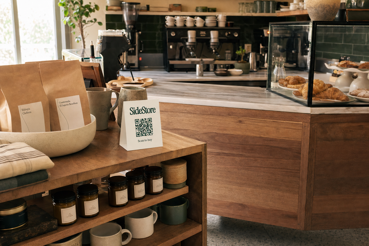 Interior of an independent coffee shop showing a wooden counter and a small integrated retail shelf display with packaged goods and ceramic products, photographed from a three-quarter elevated angle in warm evergreen and wood tones