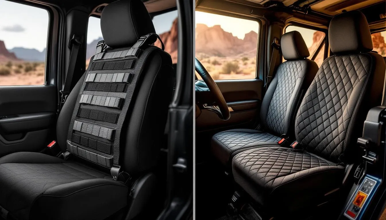 Side-by-side comparison of Bartact tactical seat cover with MOLLE webbing versus Rugged Ridge neoprene seat cover installed on Jeep JK front seats showing material texture and finish differences