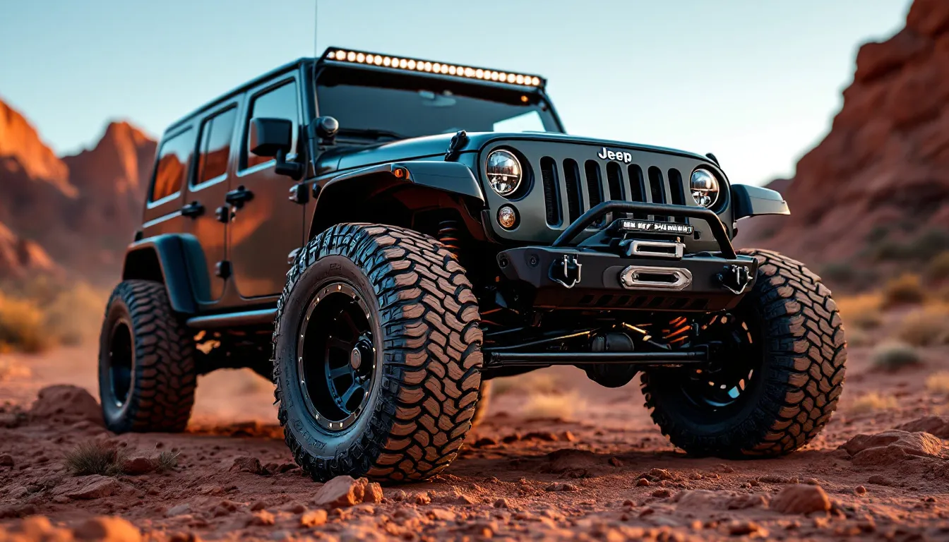Lifted Jeep Wrangler JK with aggressive 35-inch mud-terrain tires crawling over red rock terrain at golden hour