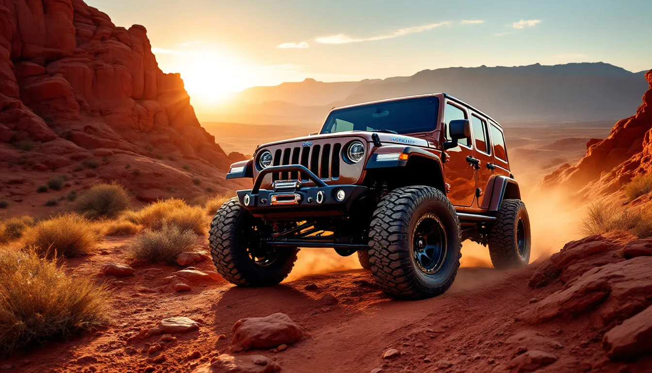 Lifted Jeep Wrangler JKU with 37-inch mud terrain tires on rocky red-dirt off-road trail with mountains in background