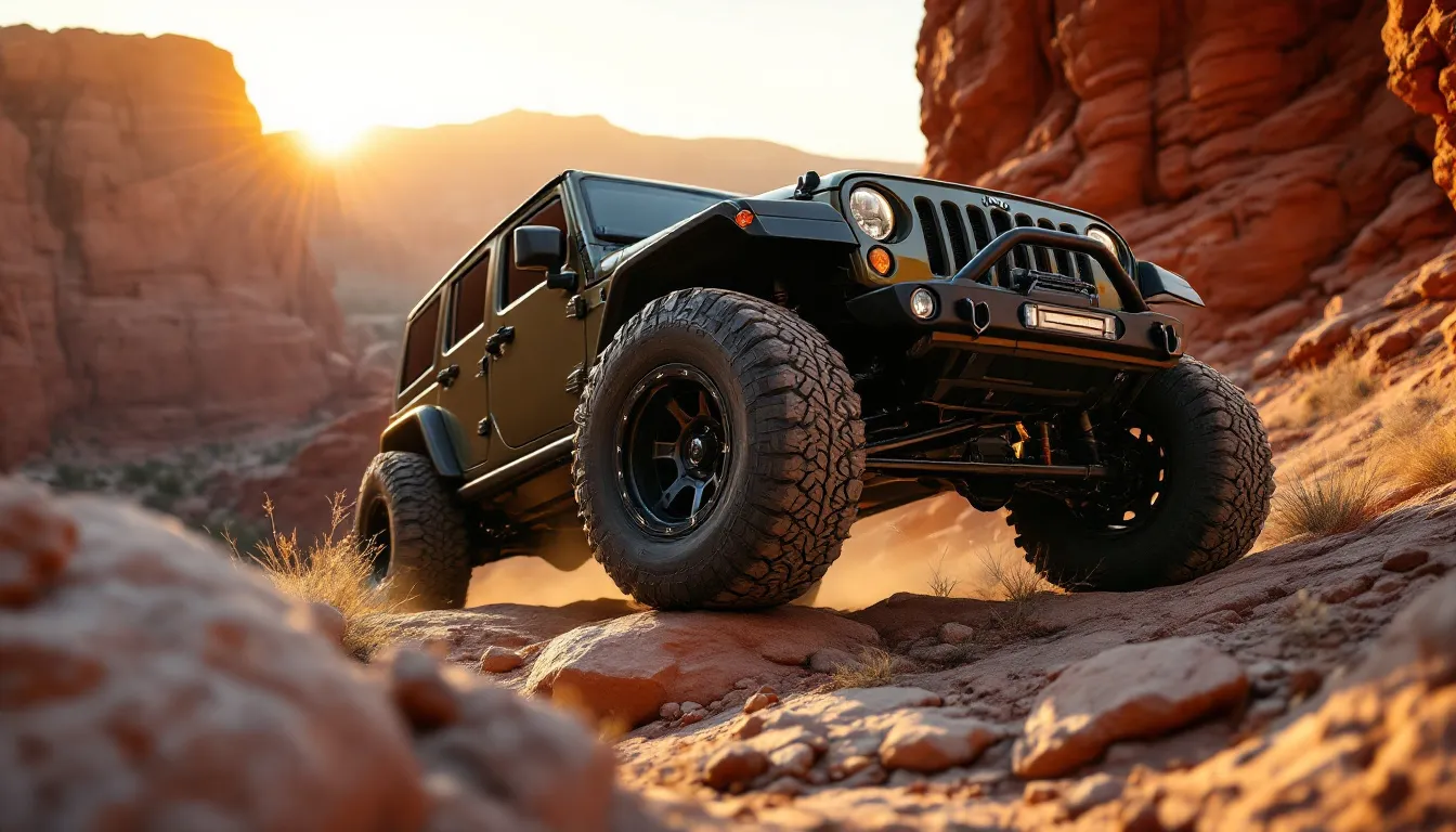 2014 Jeep Wrangler JKU fitted with aggressive all terrain tires on a dirt trail at golden hour, low angle showcasing tread depth and wheel well clearance