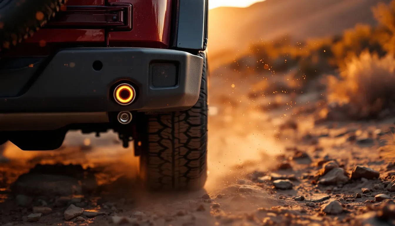 Aftermarket axle-back exhaust tip on a Jeep Wrangler JK at golden hour on a dusty off-road trail