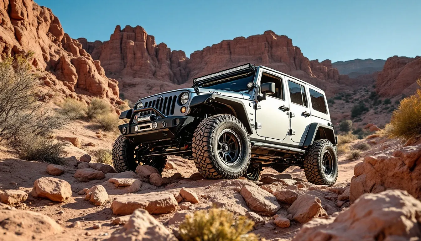 Silver Jeep Wrangler JK 4-door with black steel rock sliders and rocker panel body armor on a rocky trail