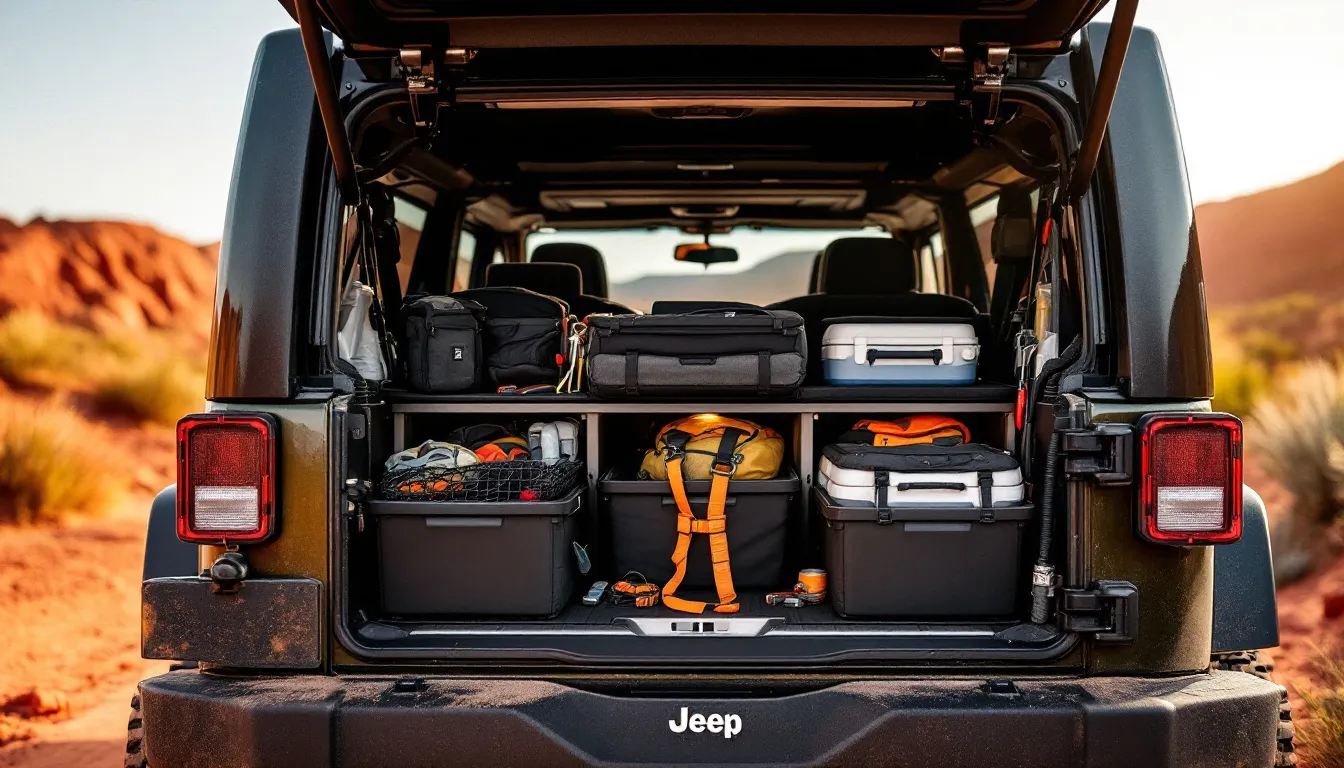 Organized cargo area of a 2014 Jeep Wrangler JKU with modular storage drawers, cargo nets, and gear bags on an overland trail