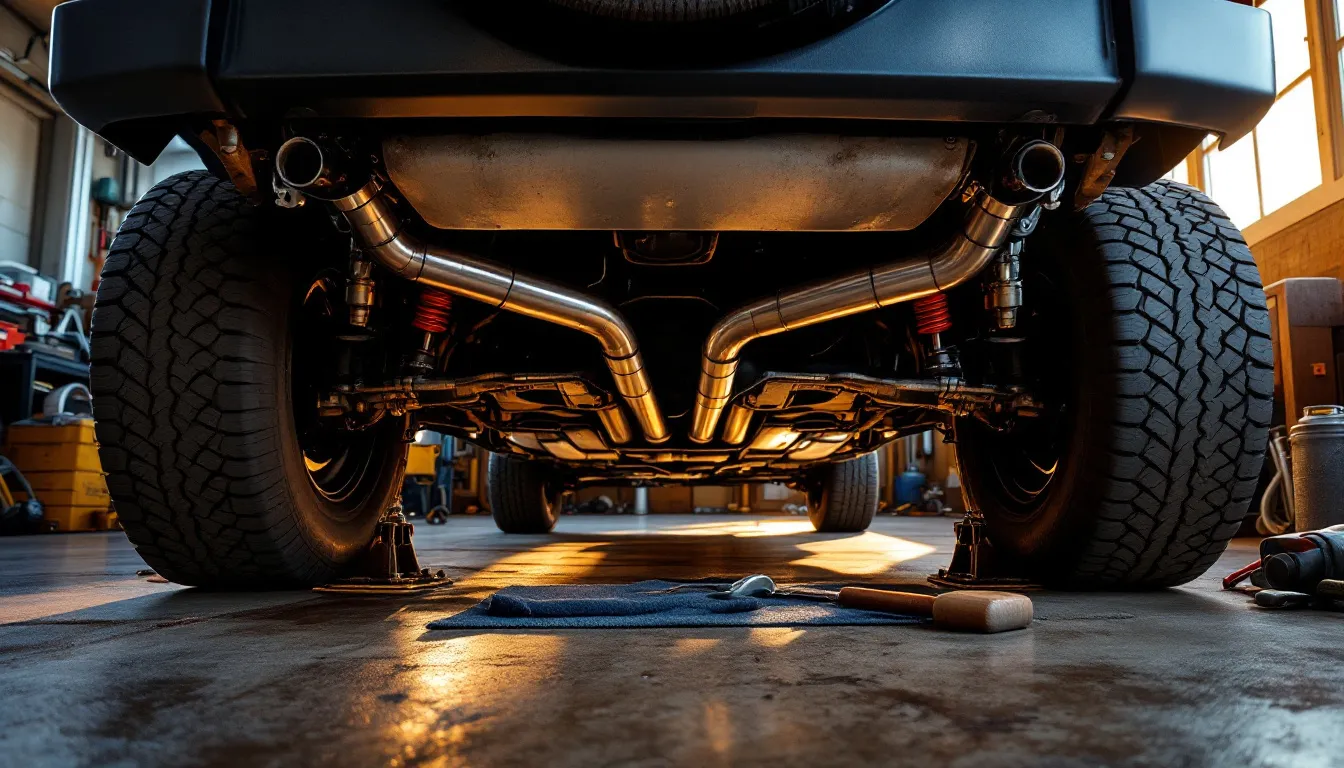 Stainless steel cat-back exhaust system installed on the underside of a Jeep JK Wrangler in a garage workshop