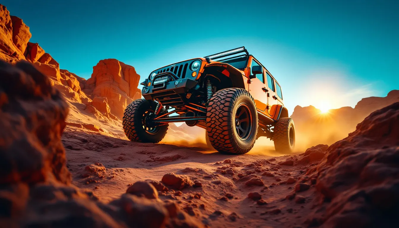 Lifted Jeep JK Wrangler on red rock trail showing heavy-duty aftermarket driveshaft on undercarriage