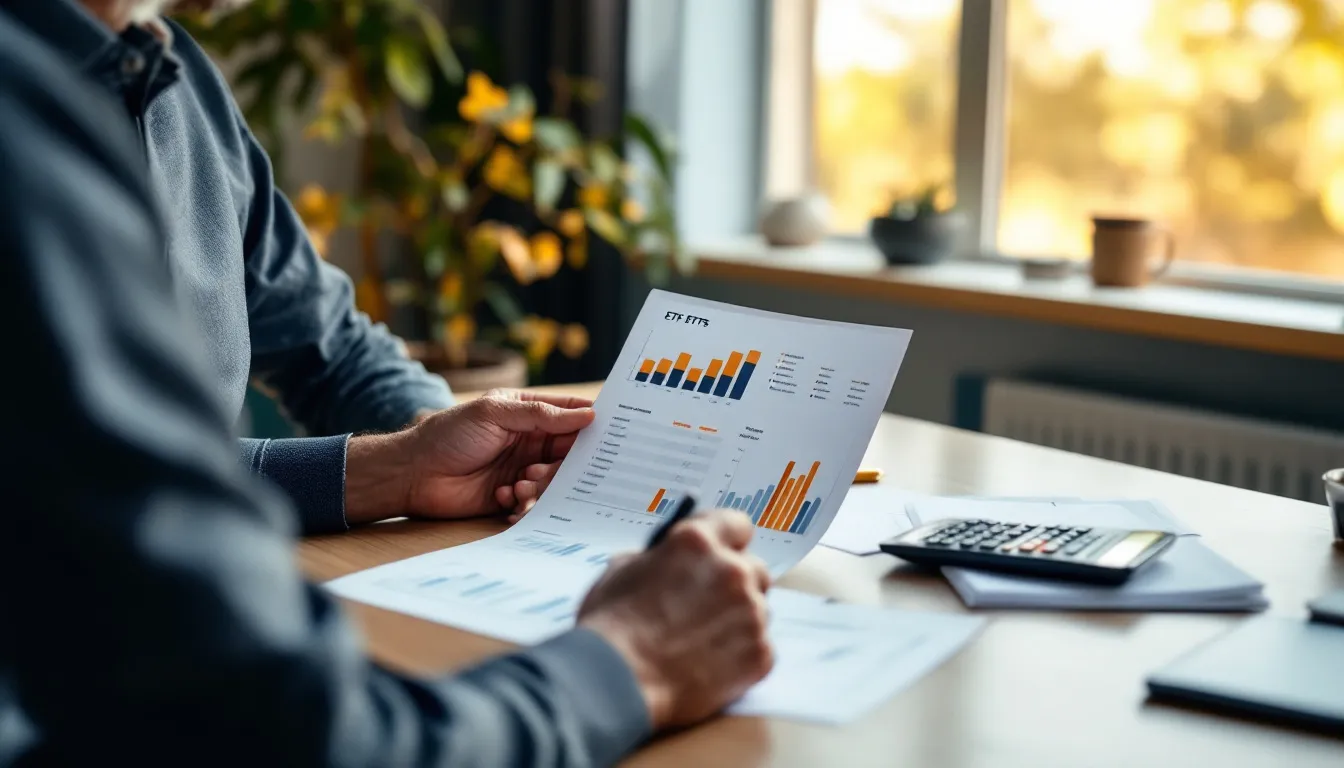 South African investor reviewing ETF portfolio statements and fund comparison charts at a desk, planning retirement investments