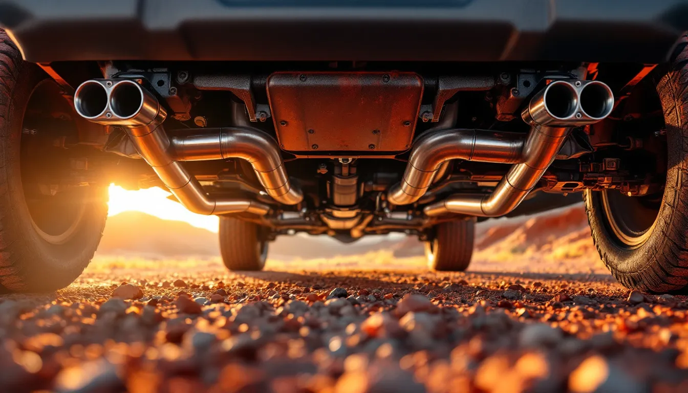 Polished stainless steel cat-back exhaust system on a 2014 Jeep Wrangler JKU viewed from underneath, showing dual exhaust tips at the rear bumper in a dusty off-road trail setting