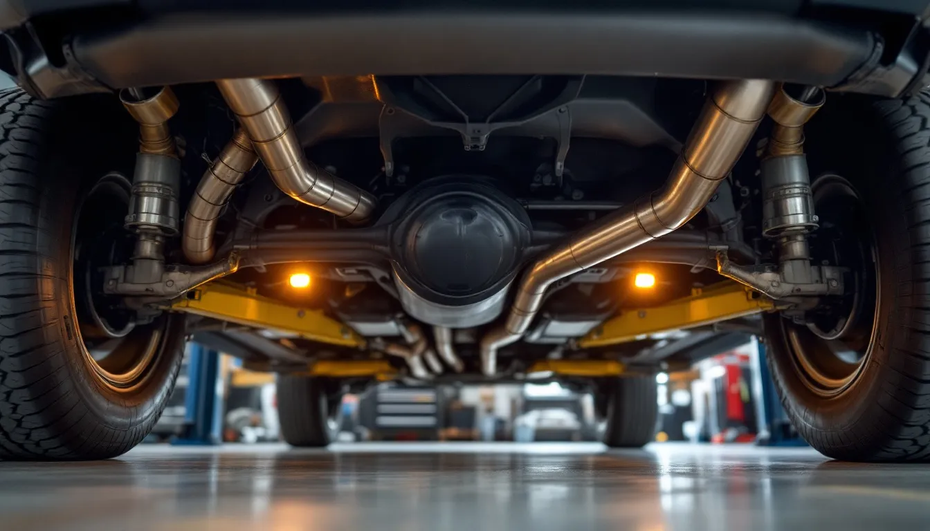 Underside view of a Jeep Wrangler JK with a stainless steel aftermarket cat-back exhaust system installed, showing mandrel bends and polished tip in a workshop setting