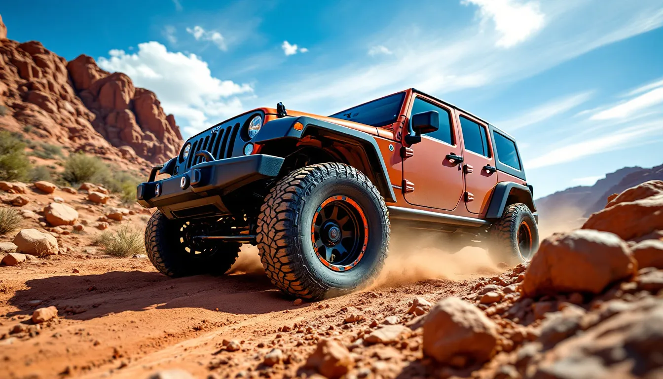 2014 Jeep Wrangler JKU with aftermarket flat fender flares and all-terrain tires on a rocky off-road trail