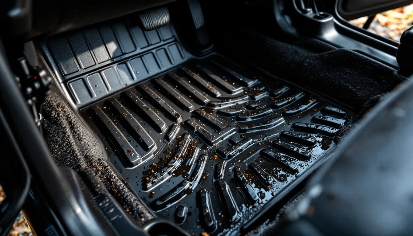 Heavy-duty all-weather rubber floor mat installed in a Jeep Wrangler JK showing deep mud and water channels for maximum protection
