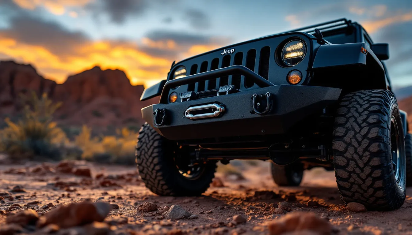 Jeep JK Wrangler with heavy-duty steel front bumper and D-rings on a rocky trail at golden hour
