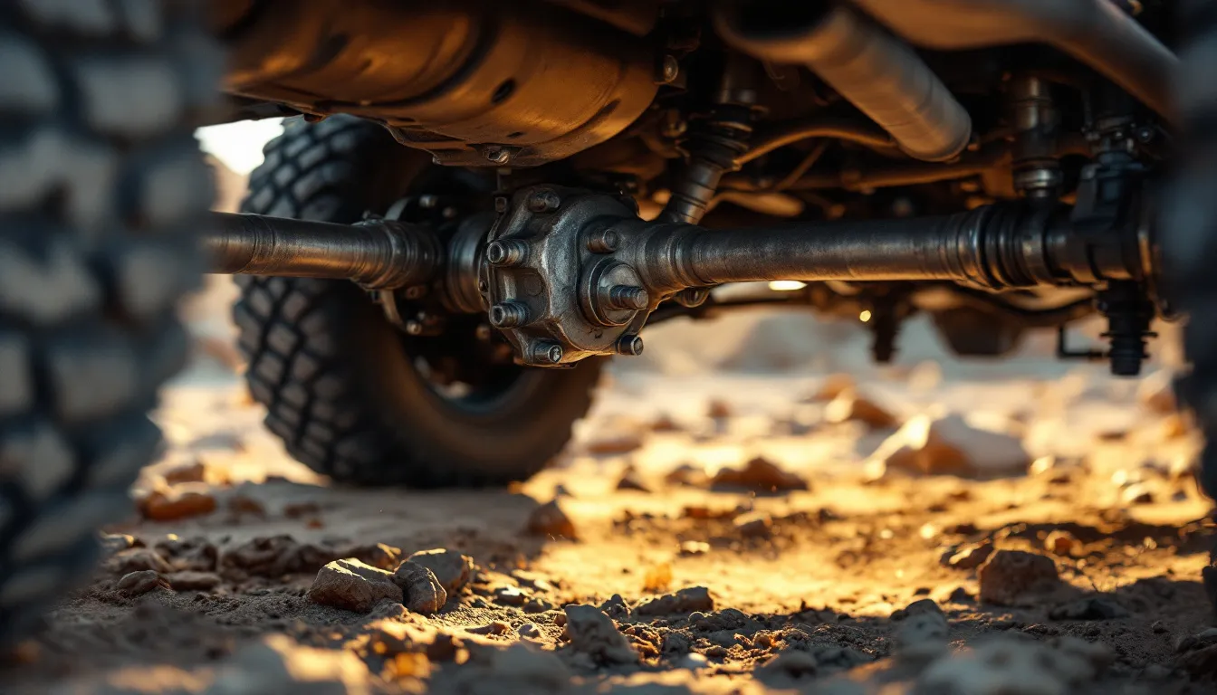 Close-up of a Jeep JK Dana 44 rear axle differential with a 35-inch mud-terrain tire visible in the background on a rocky trail