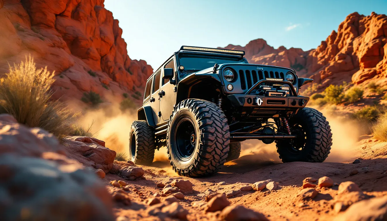 Lifted Jeep JK Wrangler with 37-inch mud-terrain tires crawling over rocky trail terrain showing tire size and axle clearance