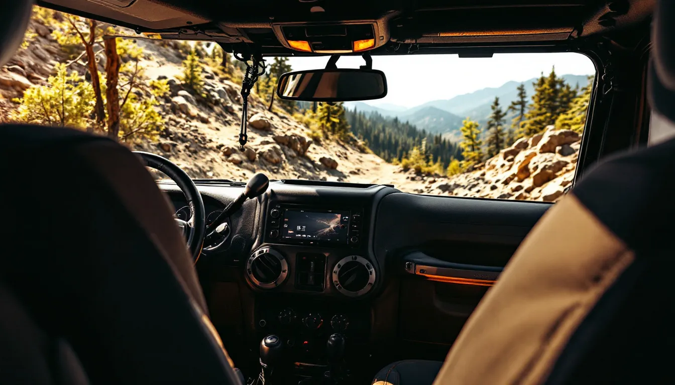 Black grab handles mounted on the A-pillar and roll bar inside a 2014 Jeep Wrangler JK with an off-road trail visible through the windshield