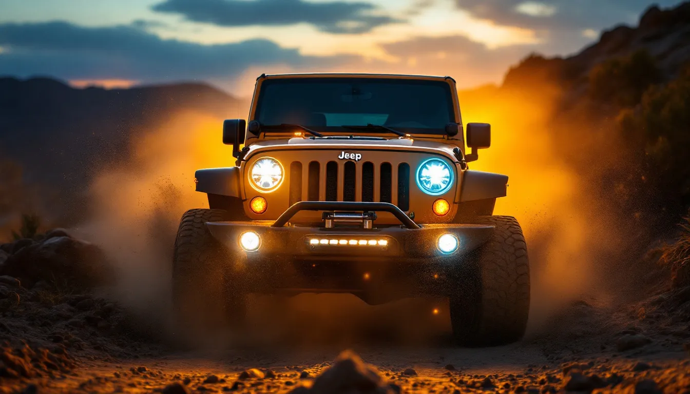 2014 Jeep Wrangler JK with bright LED fog lights cutting through dust and mist on a rocky off-road trail at dusk