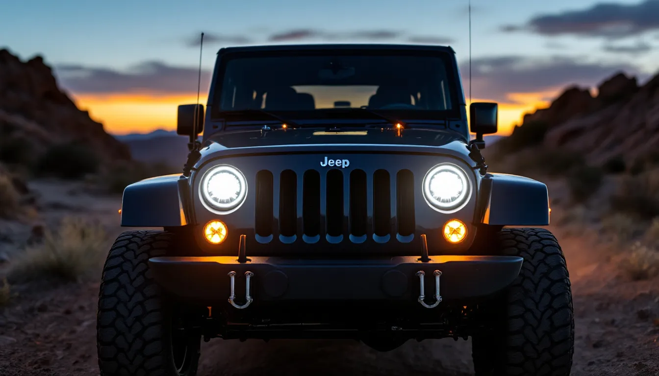 2014 Jeep Wrangler JK with LED halo headlights glowing white DRL rings on a rugged dirt trail at dusk