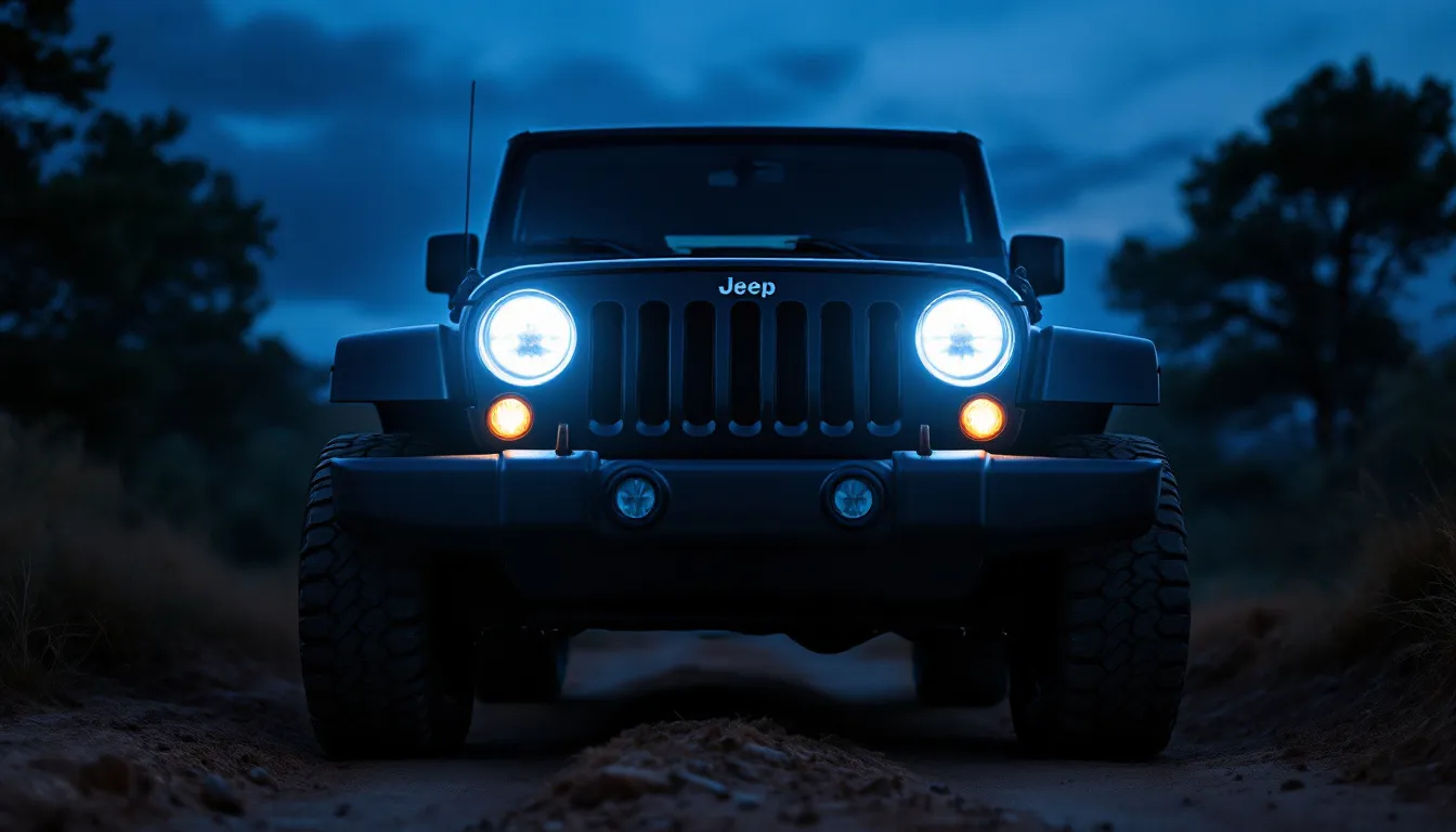 2014 Jeep Wrangler JKU with bright white LED headlights blazing on a desert dirt trail at dusk, head-on low-angle shot