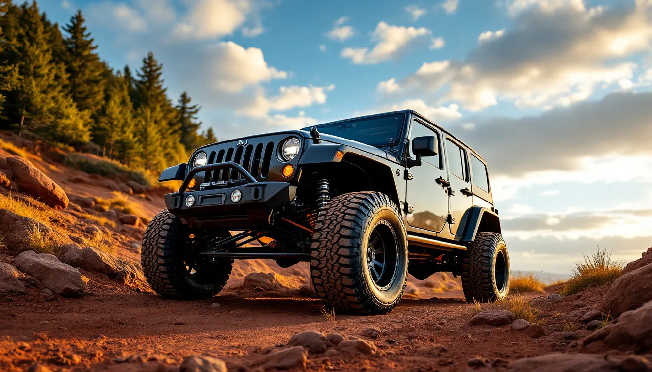 Lifted 2007-2018 Jeep Wrangler JK on a rocky off-road trail showing suspension lift kit and large off-road tires from a low front-quarter angle