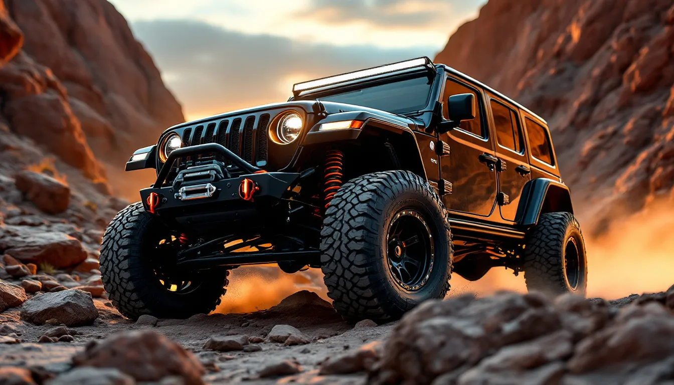 Lifted Jeep Wrangler JK 4-door on a rocky trail showing suspension lift kit clearance and all-terrain tires at golden hour