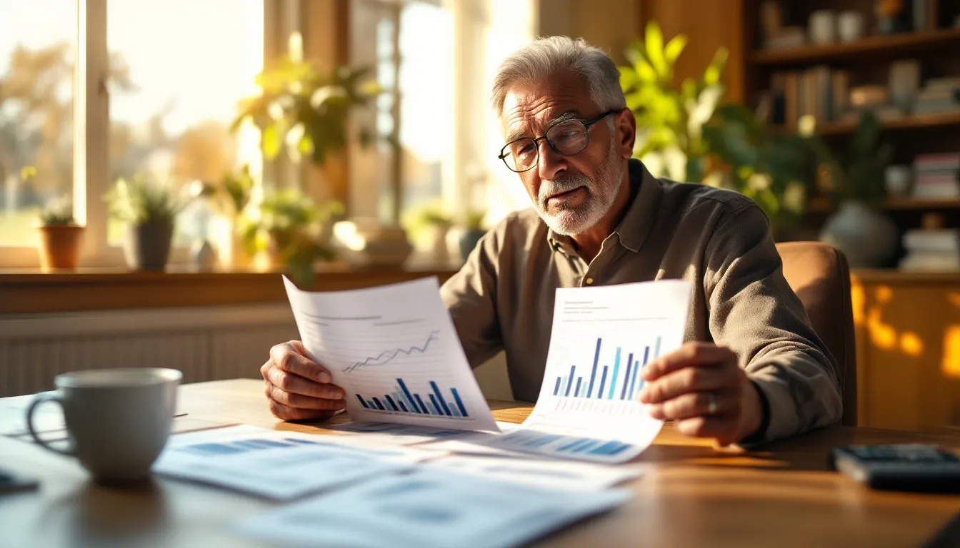 A retired South African man reviewing living annuity statements and retirement income charts at a desk with a cup of tea