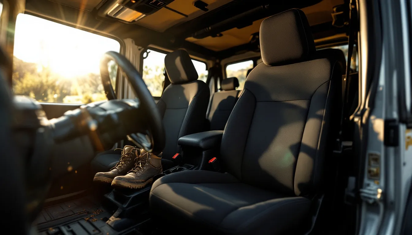 Black neoprene seat covers installed on front bucket seats of a 2007-2018 Jeep JK Wrangler interior with muddy boots on the floor mat and sunlight streaming through the open top