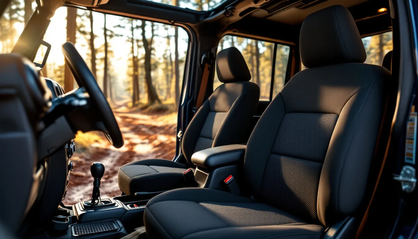 Black neoprene seat covers fitted on Jeep Wrangler JK front bucket seats with muddy off-road trail visible through open door