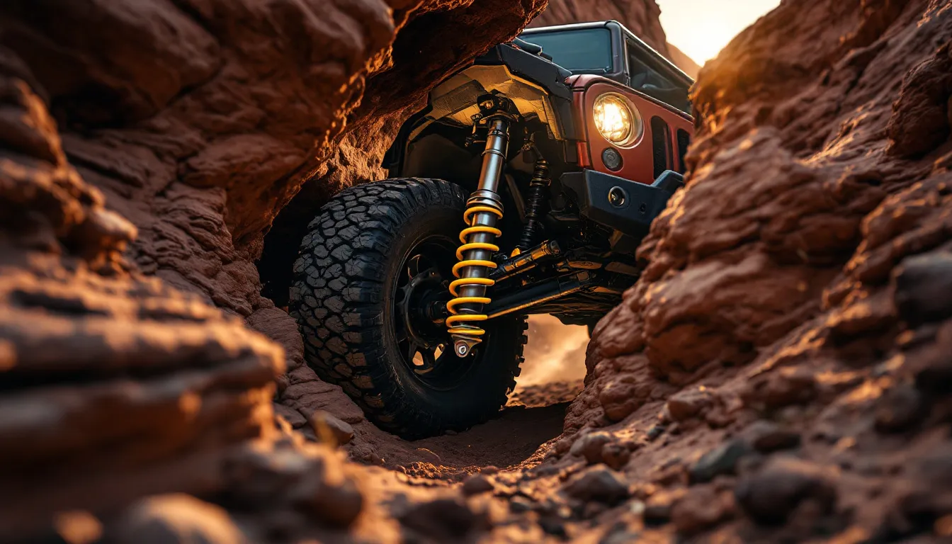 Lifted Jeep Wrangler JK with aftermarket shock absorber visible on rocky desert trail showing full suspension articulation