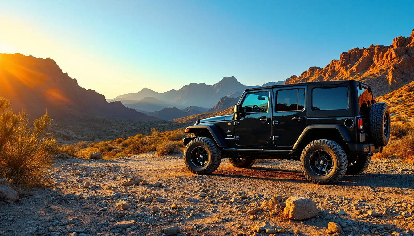 Black 4-door Jeep JK Unlimited with black diamond soft top on a dusty off-road trail at golden hour