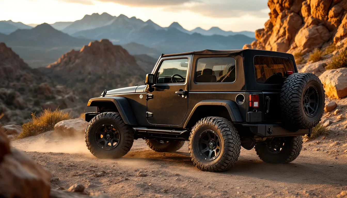 2014 Jeep Wrangler JK Unlimited with black soft top installed on a dirt trail with mountains in the background at golden hour