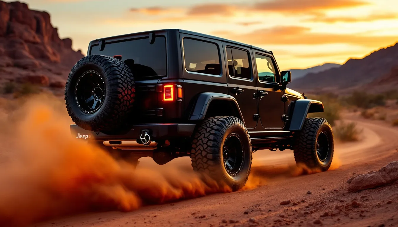 Matte black Jeep JK Wrangler 2-door Rubicon on a desert trail at golden hour showing aftermarket cat-back exhaust tip beneath the rear bumper with dust kicking up behind the tires