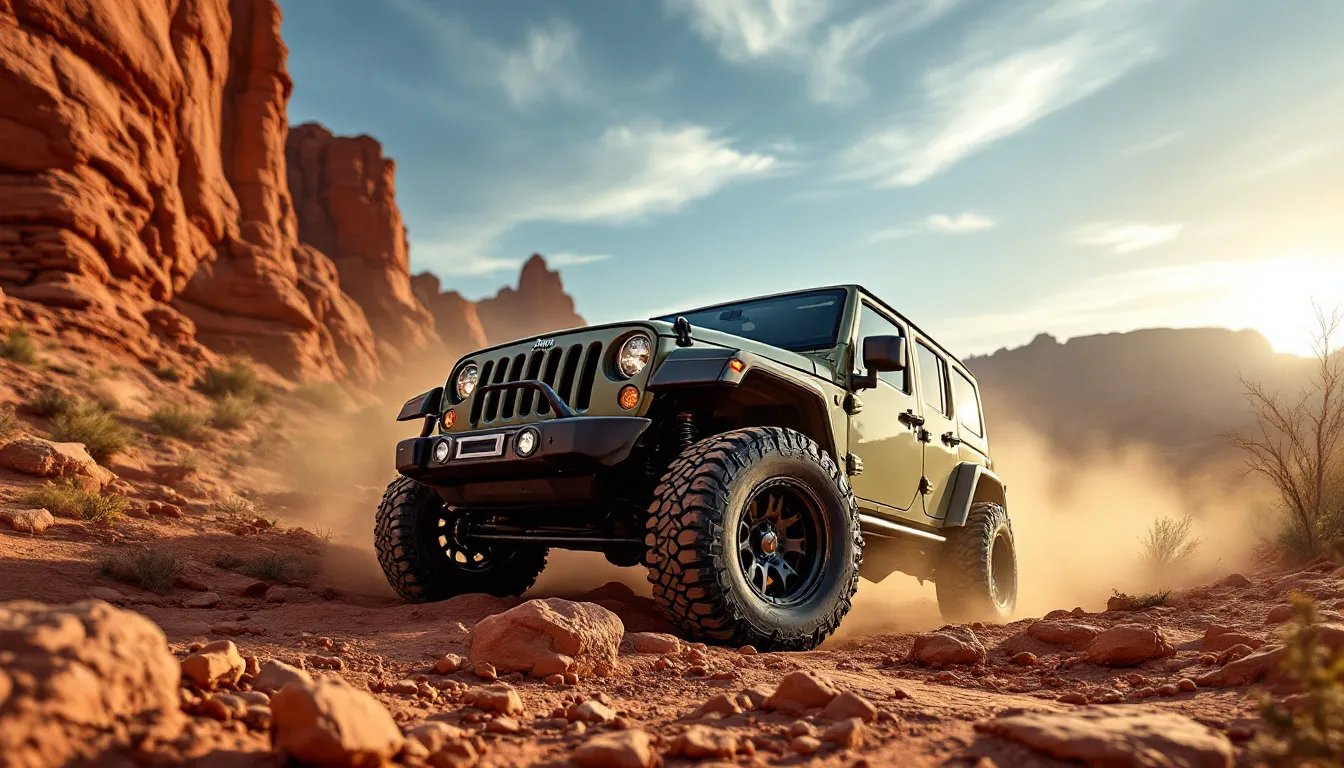 2014 Jeep Wrangler JKU with aggressive all-terrain tires flexing over red rock trail at golden hour