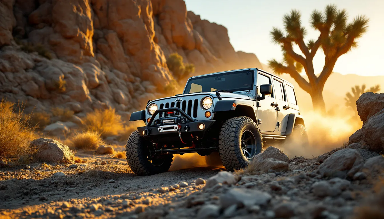 2014 Jeep Wrangler JKU with Warn winch on steel front bumper recovering on rocky off-road trail at golden hour with winch line deployed