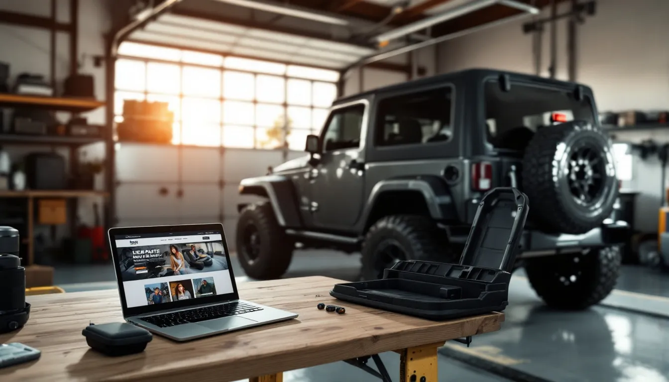 2014 Jeep Wrangler JKU parked in a garage beside a workbench with a laptop showing a Jeep parts website, surrounded by JK accessories including a steel bumper, LED dome light, console organizer, and seat covers